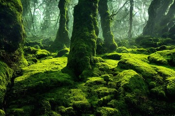 A computer generated illustration of lush green moss on a forest floor with rocks and trees. A.I. generated art.