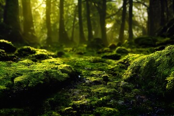 Obraz premium A computer generated illustration of lush green moss on a forest floor with rocks and trees. A.I. generated art.