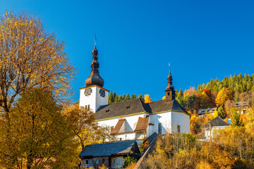 Church in The Spania Dolina village at autumn season, Slovakia, Europe. - obrazy, fototapety, plakaty