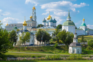 Fototapeta na wymiar View of the ancient Holy Trinity Sergius Lavra on a sunny August day. Sergiev Posad. Moscow region, Russia