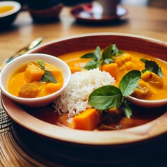 Indisches Essen angerichtet auf einen Teller mit Dekoration