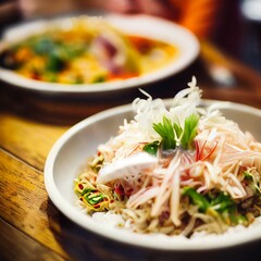 Indisches Essen angerichtet auf einen Teller mit Dekoration