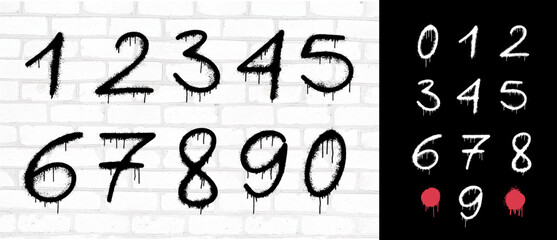 Stencil number 0 and drip paint. Black on white, 1, 2, 3, 4, 5, 6, 7 8, 9 white on black. Vector illustration. Numbers from zero to nine. Set of graffiti number spray pattern. Elements decoration.