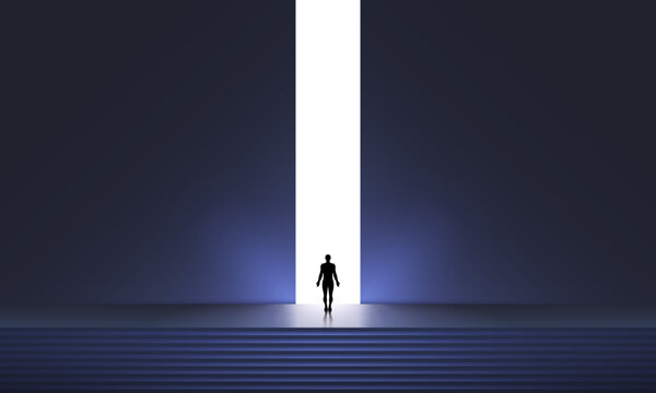 Back View Of Backlit Man Standing On Stairs Towards Bright Opening In Dark Wall, A Beam Of Light, An Entrance To The Future, A Step Forward, A Person In The Rays Of Light, A Portal To A New World