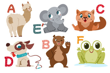 Obraz na płótnie Canvas English alphabet with flat cute animals for kids education. Letters with funny animal characters from A to F. Children design set for learning to spell with cartoon zoo collection.