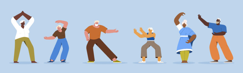 Flat elderly people doing physical tai chi exercises, yoga or qigong for healthy flexible body. Diverse group of pensioners at fitness workout. Old characters in sport clothes exercising of gymnastics