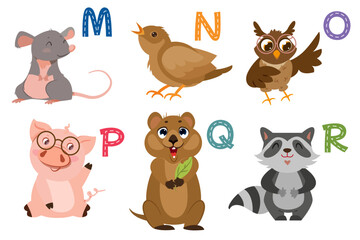 English alphabet with flat cute animals for kids education. Letters with funny animal and bird characters from M to R. Children design set for learning to spell with cartoon zoo collection.