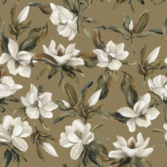 Vintage seamless pattern with flowers. Magnolia autumn pattern. White flowers patterns. Background. Pattern with magnolia flowers and leaves. White floral pattern 10000 x 10000 px 300 DPI. 
