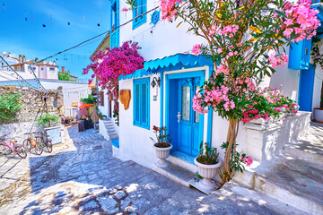 Beautiful old colorful flower street with white houses and blue doors in a European city