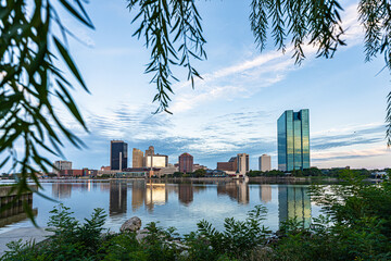 Toledo, Ohio skyline reflected in the water of the Maumee river at dawn