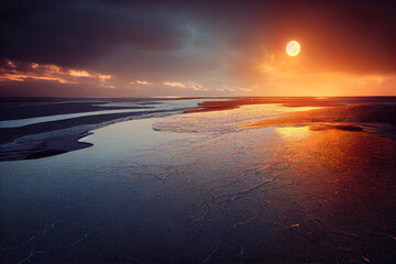 Beautiful ice sea shore at sunset with snowy coastline, digital illustration, digital painting, cg artwork, realistic illustration, 3d render