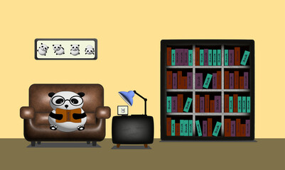 Cute panda reading in the book room cream color background 3d concept for illustration © Suriya