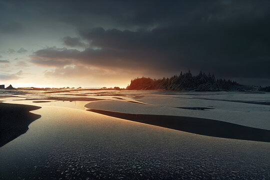 Beautiful ice sea shore at sunset with snowy coastline, digital illustration, digital painting, cg artwork, realistic illustration, 3d render