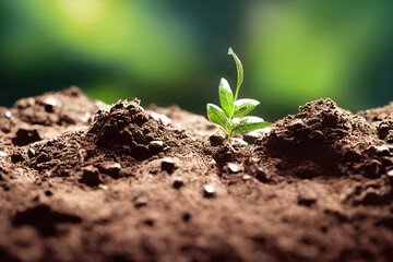 Little green seedling growing from a pile of earth, abstract environment protection background, digital illustration, digital painting, cg artwork, realistic illustration, 3d render