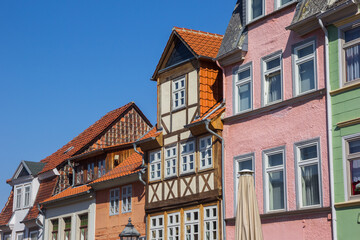 Colorful facades of historic houses in Helmstedt, Germany