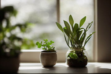 Green organic spice plant in a glass jar, abstract nature background, digital illustration, digital painting, cg artwork, realistic illustration, 3d render