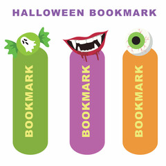 Vector set of bookmarks for children with cute Halloween theme. Vertical layout cards templates. Colorful and cute stationery for kids.