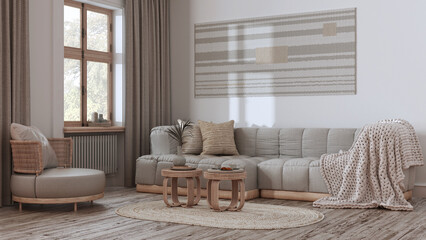 Farmhouse living room in white and beige tones, rattan furniture, parquet floor and macrame wall art. Boho interior design