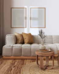 Blurred background, frame mockup, farmhouse living room. Parquet and rattan furniture, sofa, wallpaper. Vintage interior design