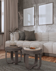 Frame mockup, wooden living room in dark and beige tones. Parquet and rattan furniture, fabric sofa, wallpaper. Farmhouse interior design