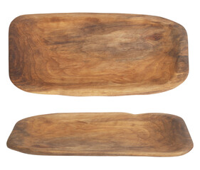 Old wooden brown round wooden tray angled view and from above isolated on white background