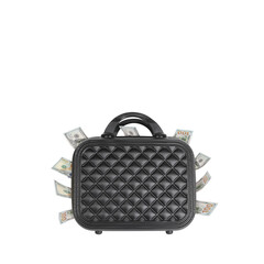 Hard plastic new modern suitcase full of dollars. Money earning or robbery or fraud concept item isolated on white background