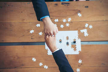 Implement puzzle improve communication solve synergy organize team building connection plan trust...