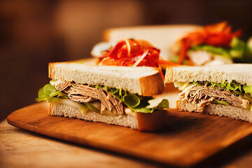 Delicious tasty sandwich with lettuce, tomato, turkey pork beef, digital illustration, digital painting, cg artwork, realistic illustration, 3d render