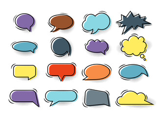 Hand drawn collection of color  empty comic speech bubbles stickers with cloud, shadow halftone isolated. Pop art vector cartoon illustration in retro style. Design for comic book, poster, banner