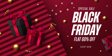 Black Friday Sale Background Design with Gift Box and golden confetti