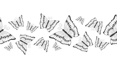 Seamless border banner with abstract black silhouette of cute flying butterflies isolated on white background for decorative tape