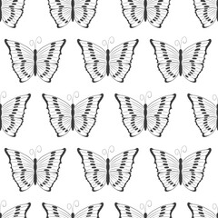 Seamless pattern with black silhouettes of butterflies isolated on a white background. Simple monochrome abstract outline design