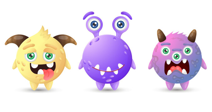 Collection of multicolored round funny monsters. Yellow, purple, pink cartoon aliens.