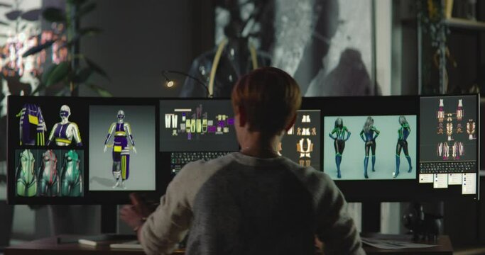 Professional Fashion Female Designer is Excited About Creating a New Collection of Women's Clothing. Young Woman Creating 3D VR Models on Computer and Makes Corrections to Paper Sketches