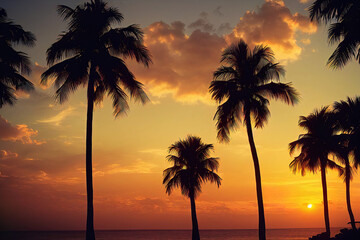 Naklejka na ściany i meble Beautiful tropical sunset at the beach, palm trees, ocean shore, digital illustration, digital painting, cg artwork, realistic illustration, 3d render