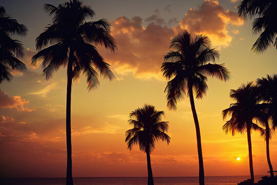 Beautiful tropical sunset at the beach, palm trees, ocean shore, digital illustration, digital painting, cg artwork, realistic illustration, 3d render