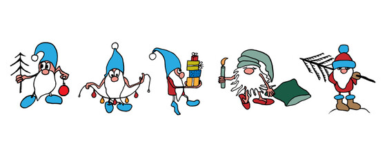 Set of funny Christmas gnomes in the style of doodles. Vector illustration of EPS10.