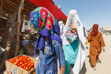 Afghan women wearing burka (burqa) at the market, Andkhoy, Faryab Province, Northern Afghanistan