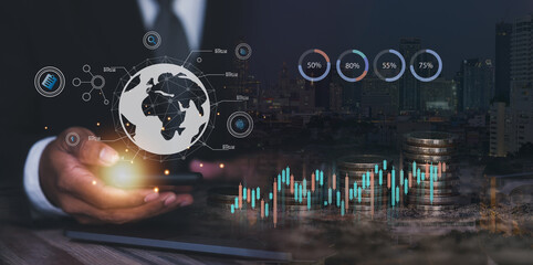 Innovative global technology and finance business people. Mixed media.