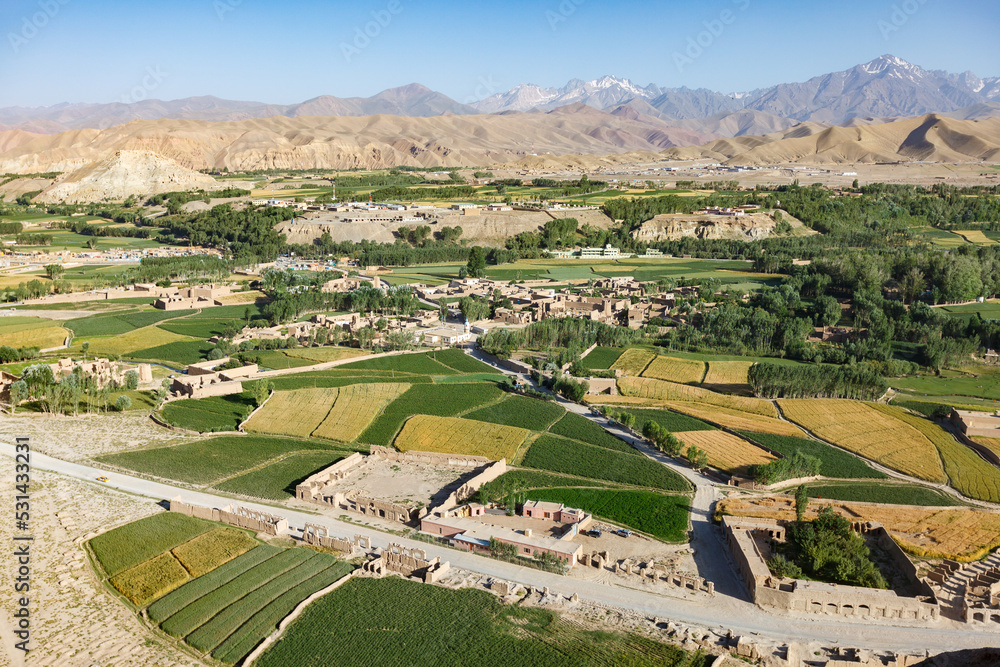 Wall mural Afghanistan, Bamiyan (also spelled Bamian or Bamyan), elevated view on the Bamiyan Valley from the empty niches where the big Buddha statues used to stand