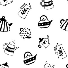 Seamless pattern with cute hand drawn teapots with different design in doodle style. Black and white kettles' sketches. Vector illustration of kitchen tools.