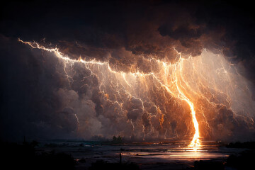 Aus riesigen abstrakten Wolkenbergen am Himmel schlagen Blitze auf die Erde. - obrazy, fototapety, plakaty