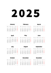 2025 year simple vertical calendar in english language, typographic calendar isolated on white