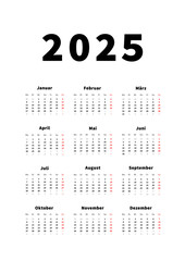 2025 year simple vertical calendar in german language, typographic calendar on white