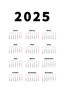 2025 year simple vertical calendar in spanish language, typographic calendar on white