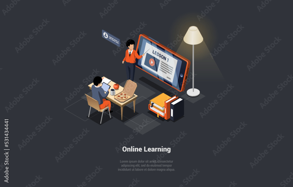 Poster concept of distance online e-learning. student at desk in classroom and listen to teacher on smartph