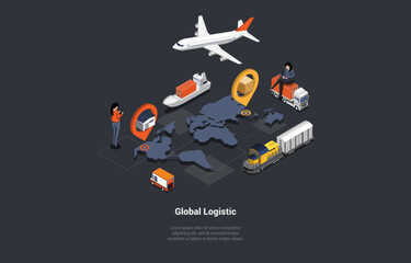 Fototapeta Concept Of Global Logistics Business. Air, Cargo Trucking Rail, Transportation Maritime Shipping And Freight On-time Courier Delivery To Customers Home And Office. Isometric 3d Vector Illustration obraz