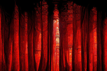 Ein großer roter Vorhang verbirgt ein Geheimnis.