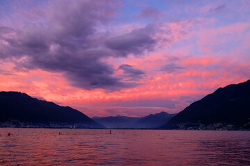 Lake Maggiore at sunset against the Alps, Locarno, Switzerland, Europe