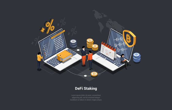 Blockchain Technology And Defi Staking Concept. People Earn Passive Income by Lending, Yield Farming And Staking, Locking Crypto Tokens Into a Smart Contract. Isometric 3d Cartoon Vector Illustration
